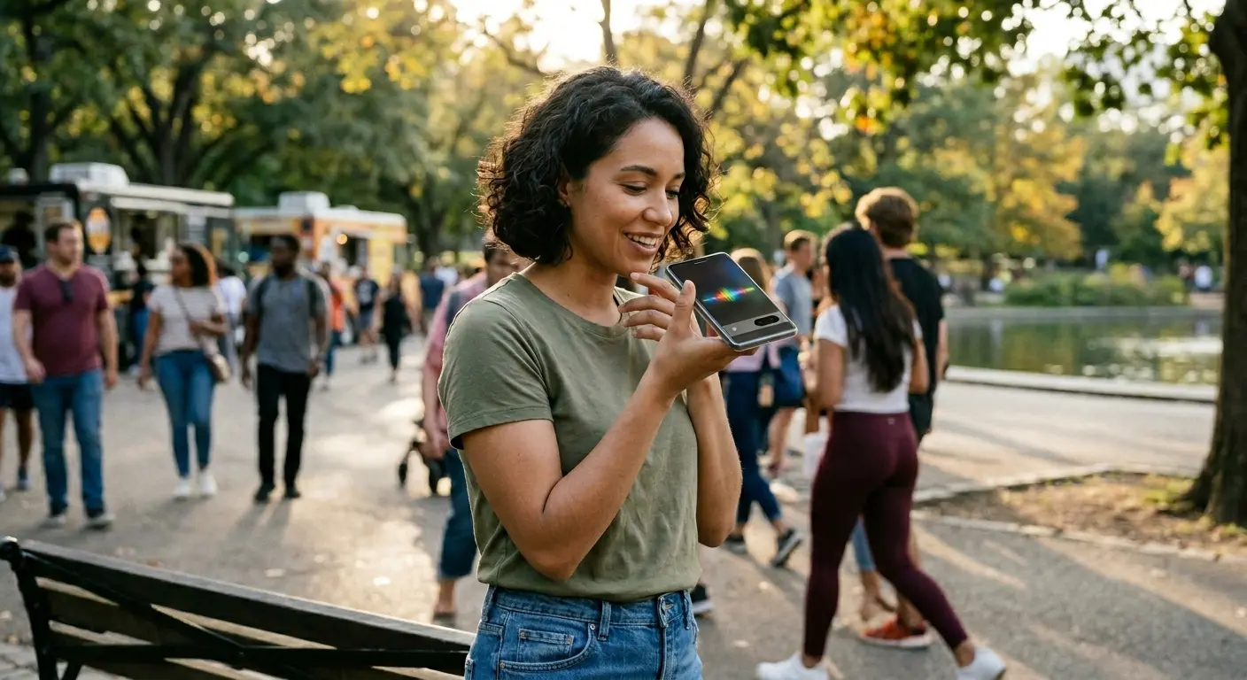 a woman using her phone ai assistant at festival in bradenton, fl
