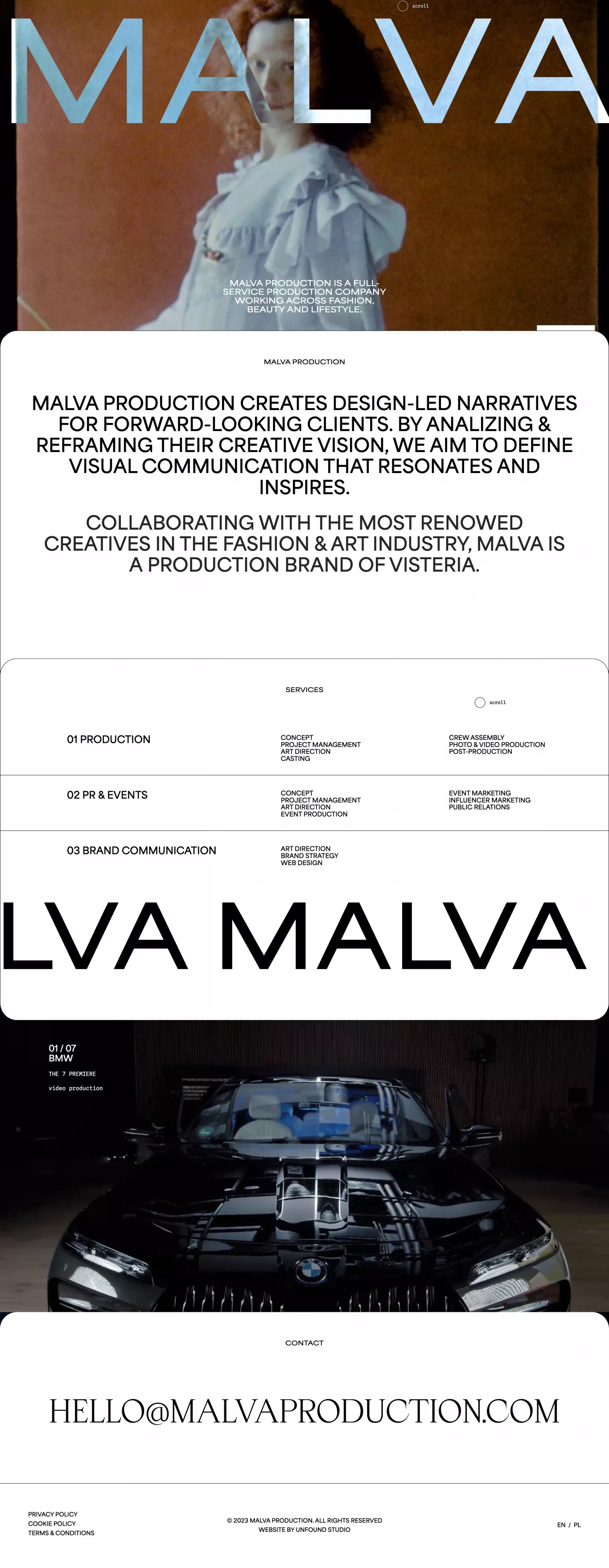 Malva Production portfolio page screenshot showcasing Design and Tech design