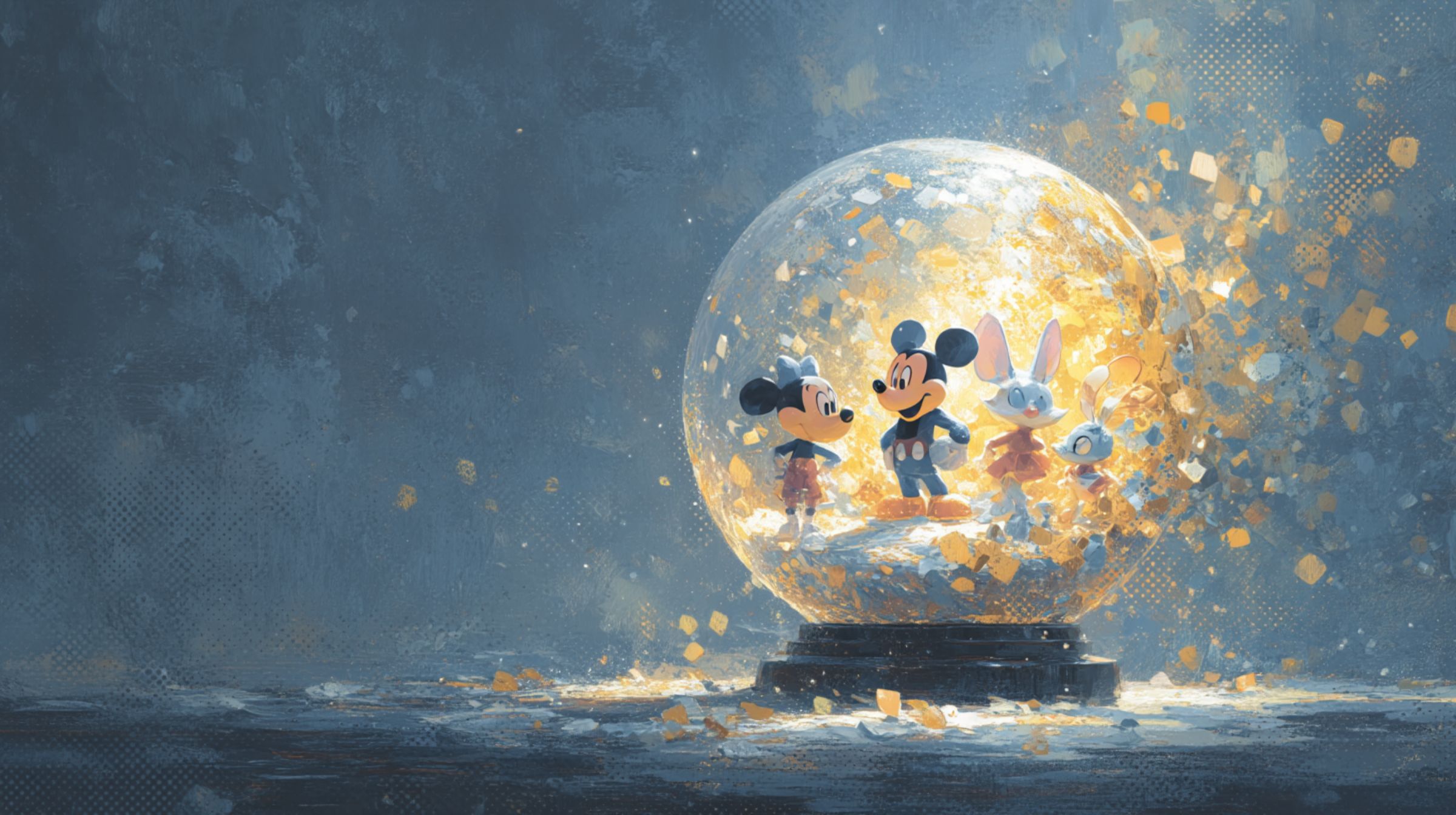 A cracked snow globe containing tiny classic cartoon figures with glowing golden light leaking out, symbolizing the evolution of storytelling.