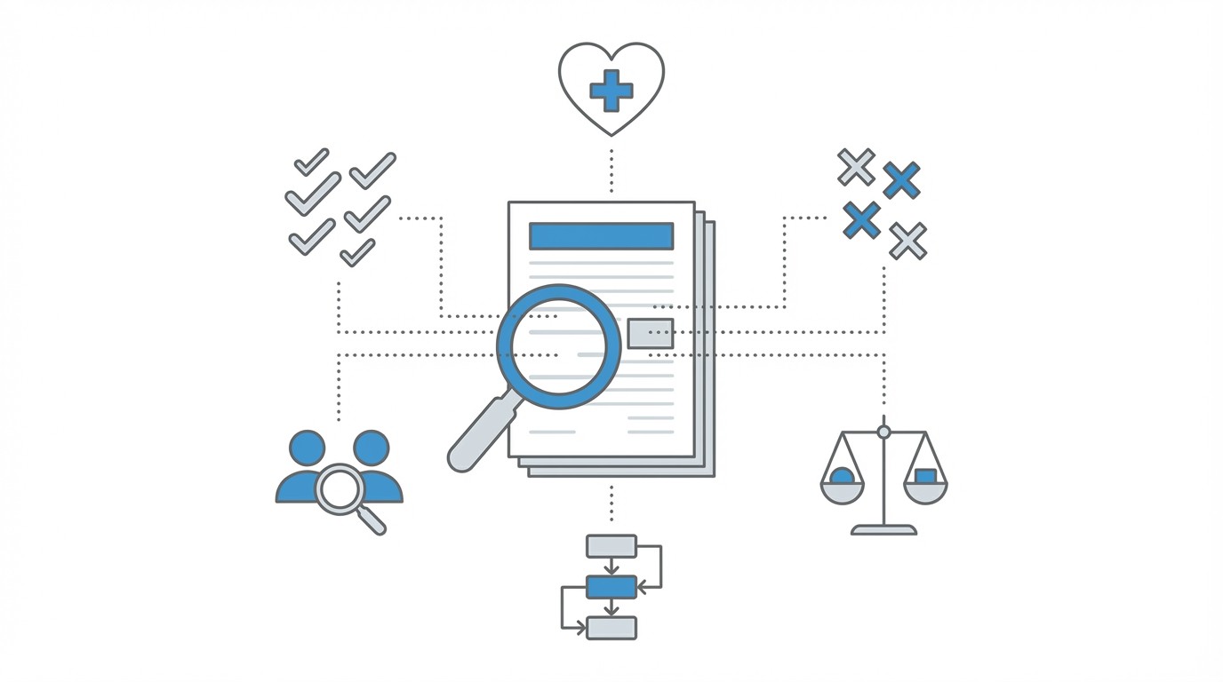 Document analysis illustration with medical, witness, procedural, and evidence comparison icons