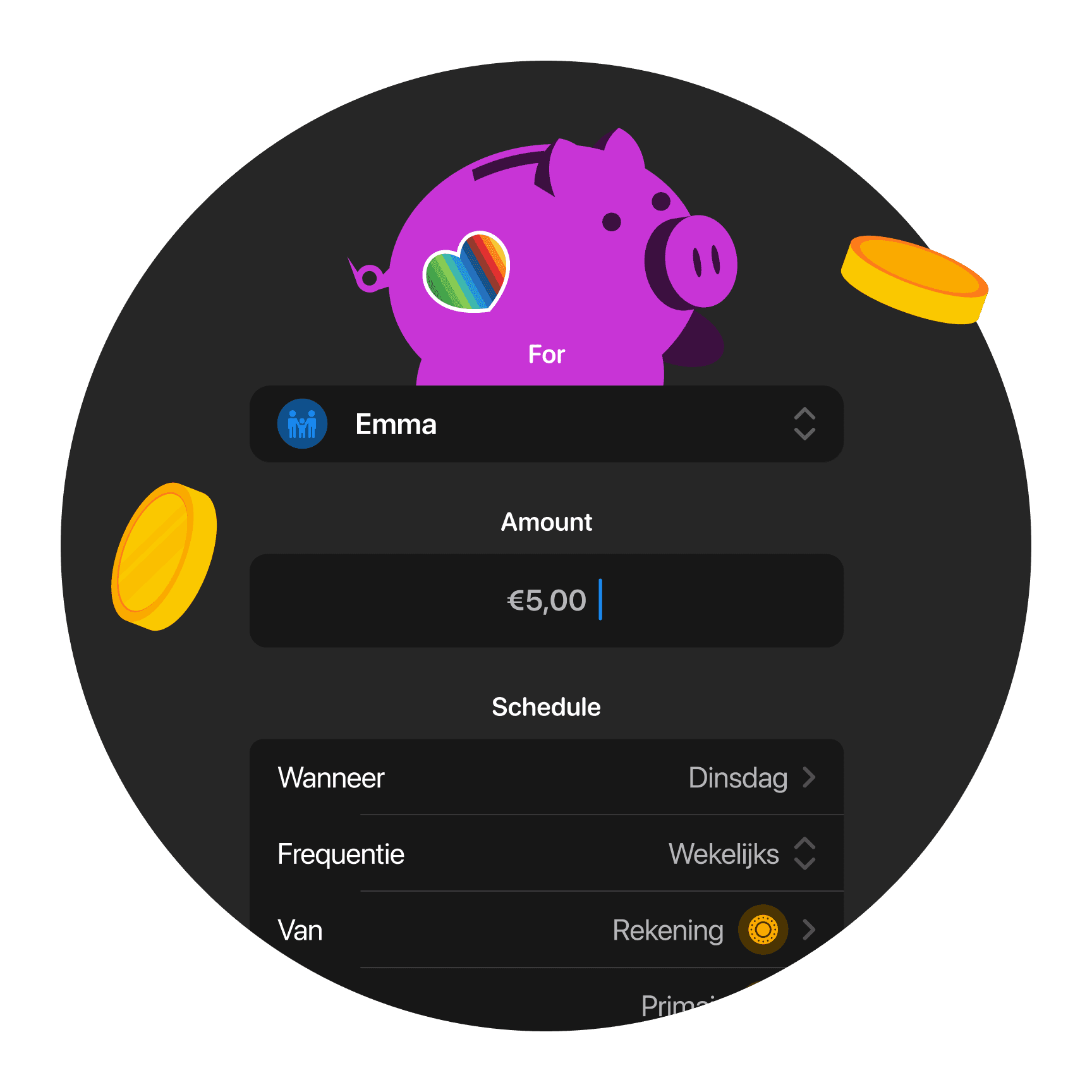 Een digitale interface met een paarse spaarpot omringd door munten, die opties voor geldbeheer toont.