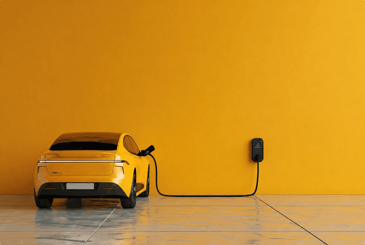 voiture électrique en recharge sur borne devant un fond coloré orange