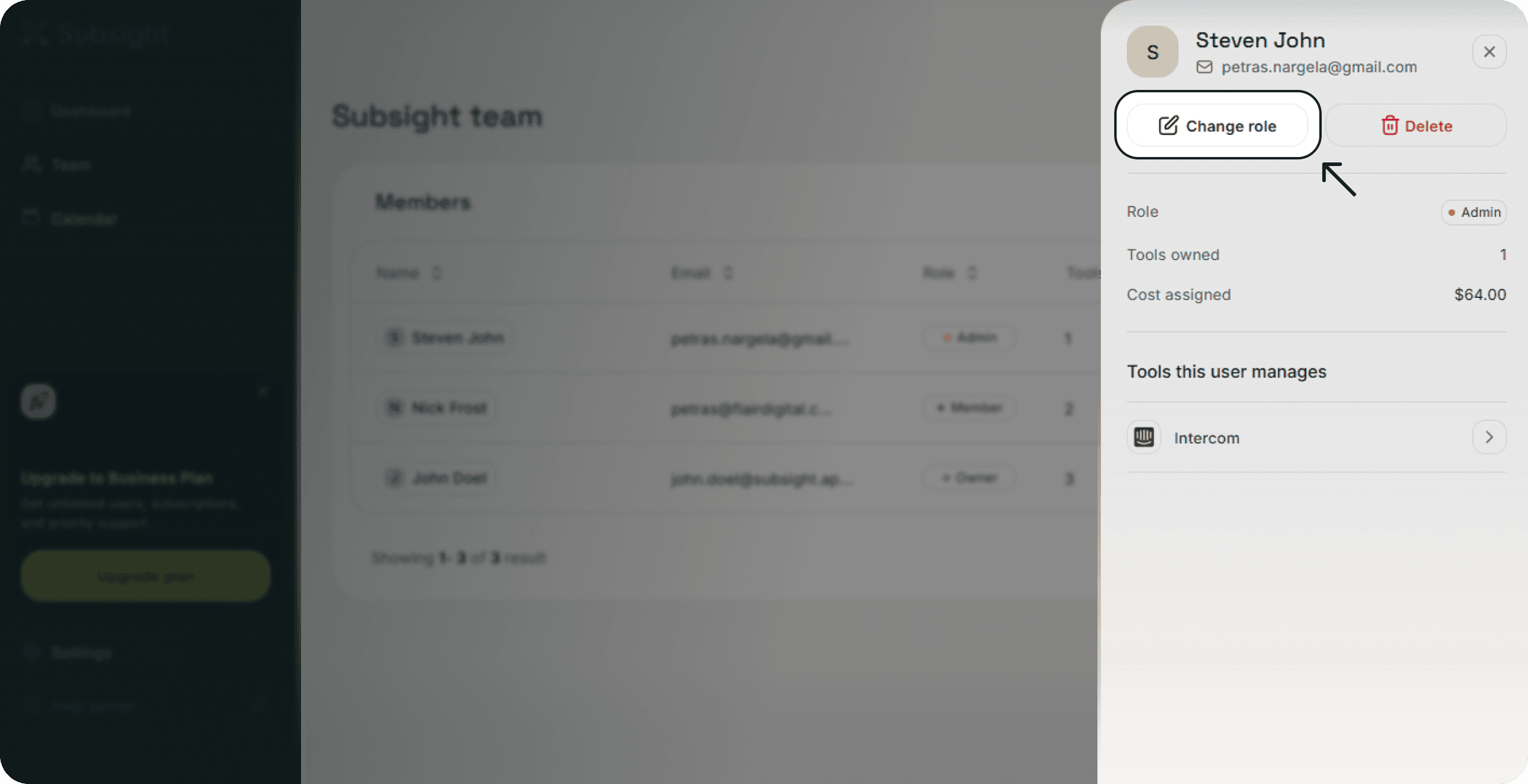 Subsight team member profile panel with role dropdown for changing user permissions.