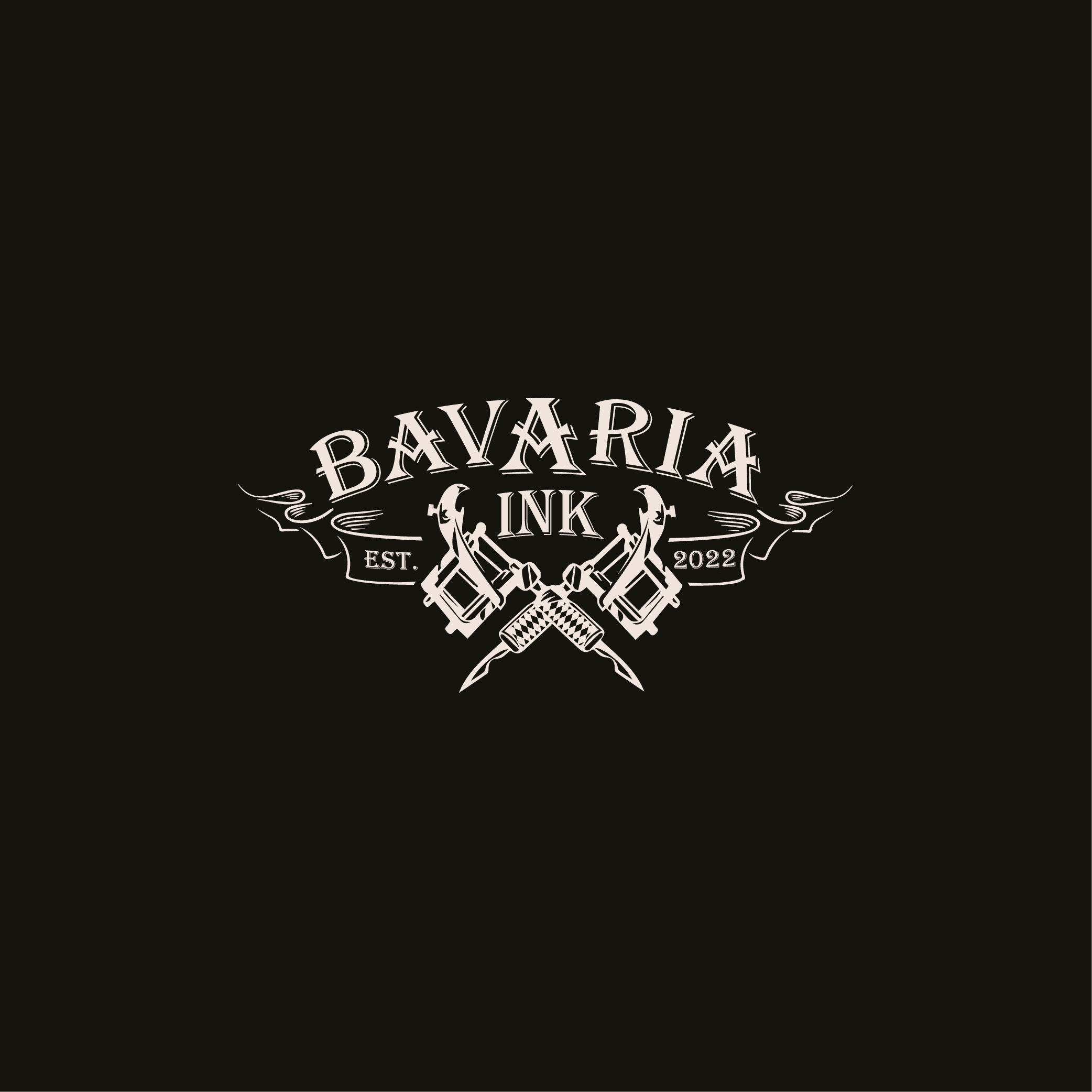 Bavaria Ink logo featuring an old-school tattoo-inspired design with gothic lettering, crossed tattoo machines, and flowing banner details. The black and beige color scheme enhances the vintage aesthetic, embodying the brand’s roots in traditional craftsmanship and Bavarian heritage. Designed for a bold, artistic identity in the tattoo industry