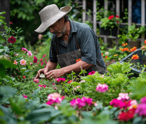 Gardener working in a flower-filled garden bed with pink and yellow blooms in soft sunlight.