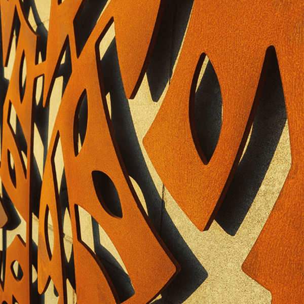 CNC laser cut corten steel graphics, wayfinding and signage sculptures