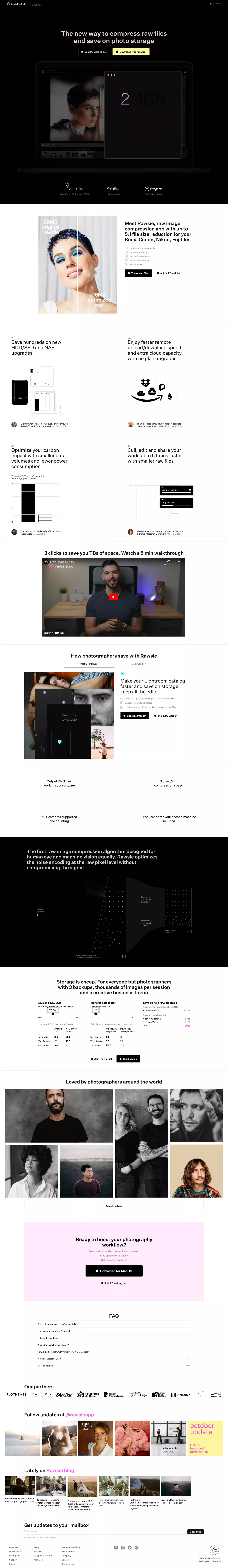 Rawsie – Reduce RAW image file size by u landing page screenshot showcasing Photography and Tech design
