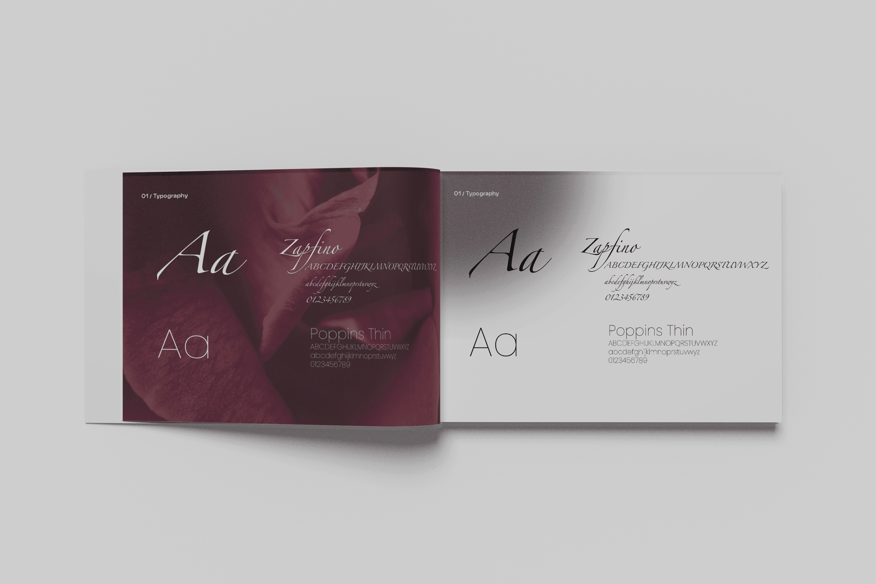 Rosé Café brand book typography spread showing Zapfino and Poppins Thin