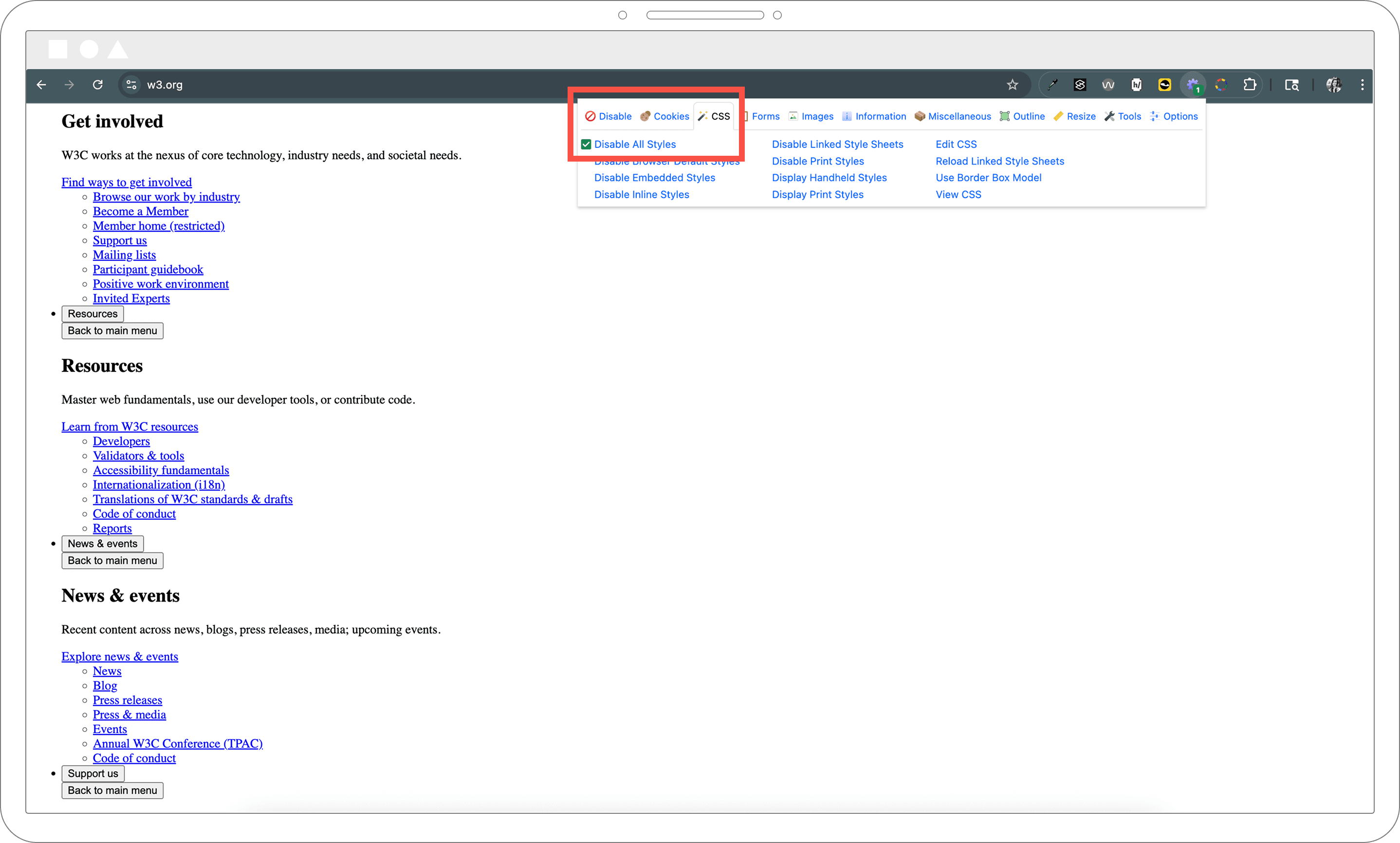 W3C's website with the CSS disabled showing the hierarchy was maintained