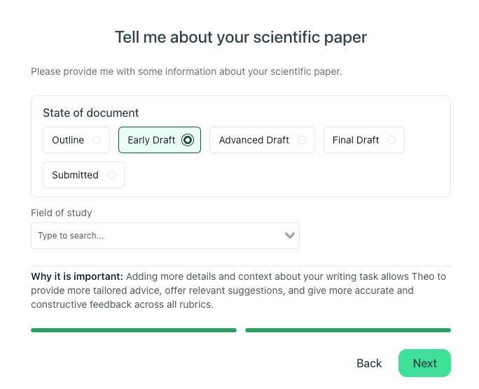 thesify scientific paper onboarding showing state of document options and field of study selection.