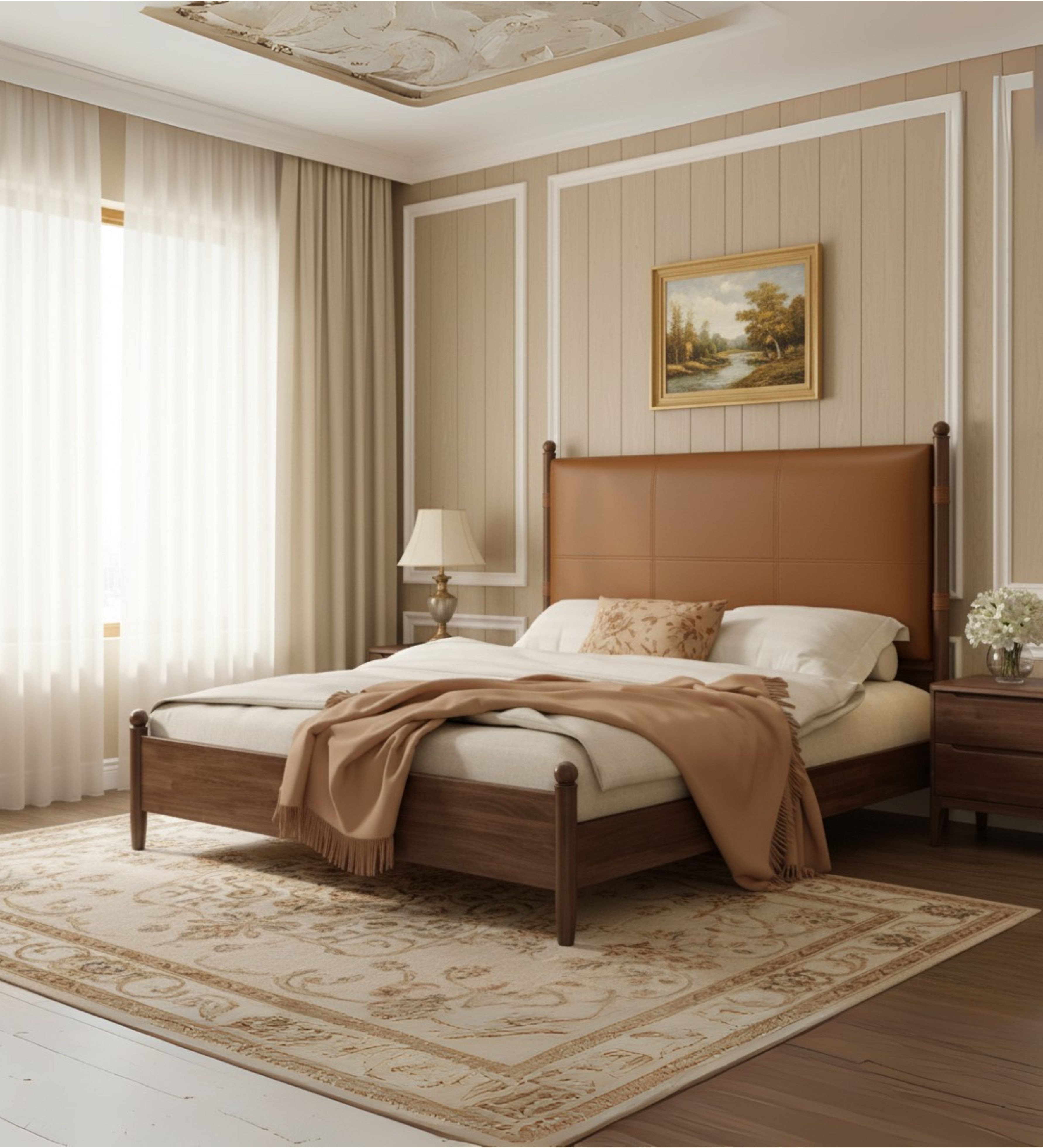 Minimal wooden bed featuring a straight headboard and clean rectangular proportions