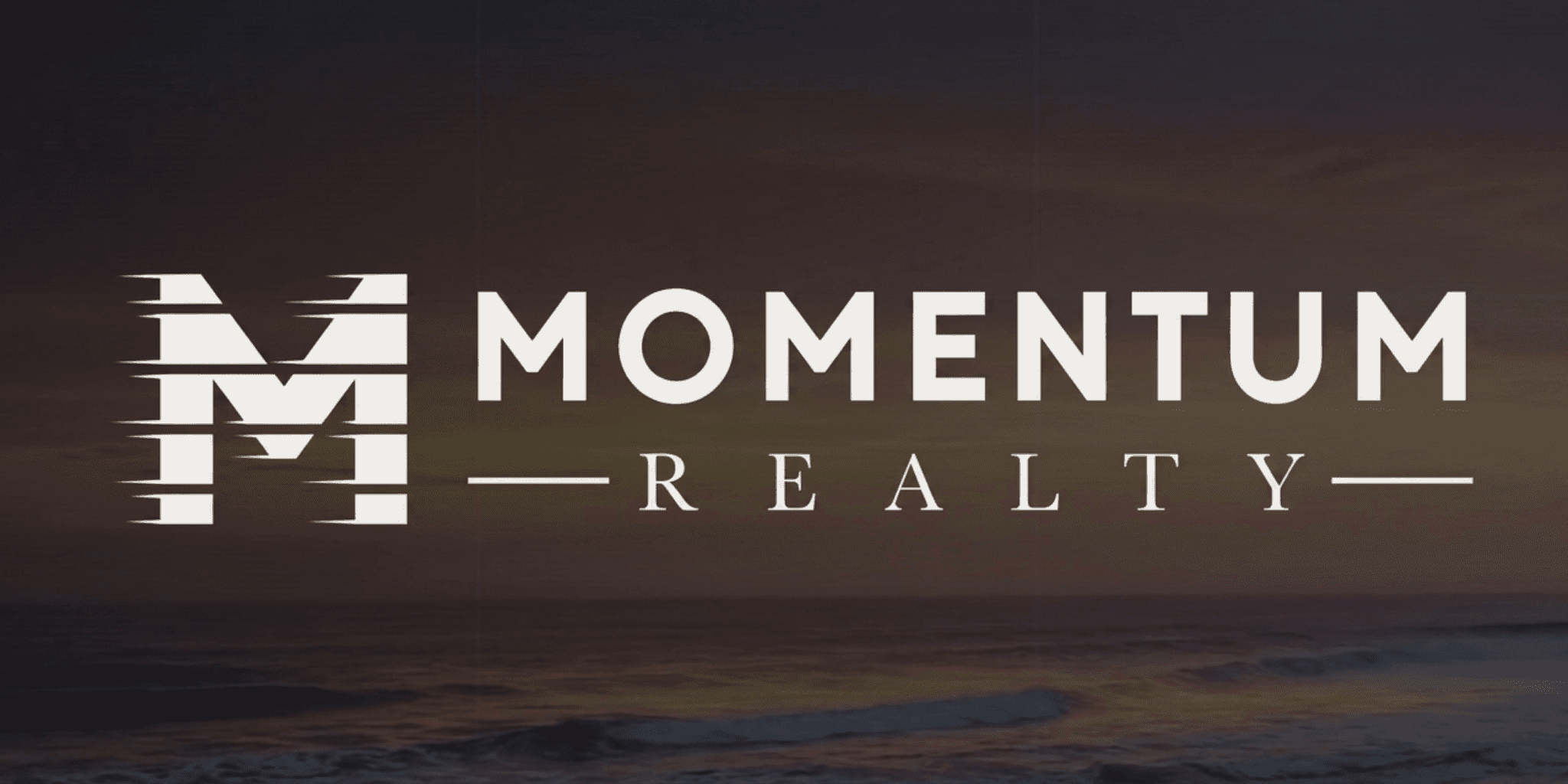 Momentum Realty logo in white over a dark ocean horizon with subtle light effects.