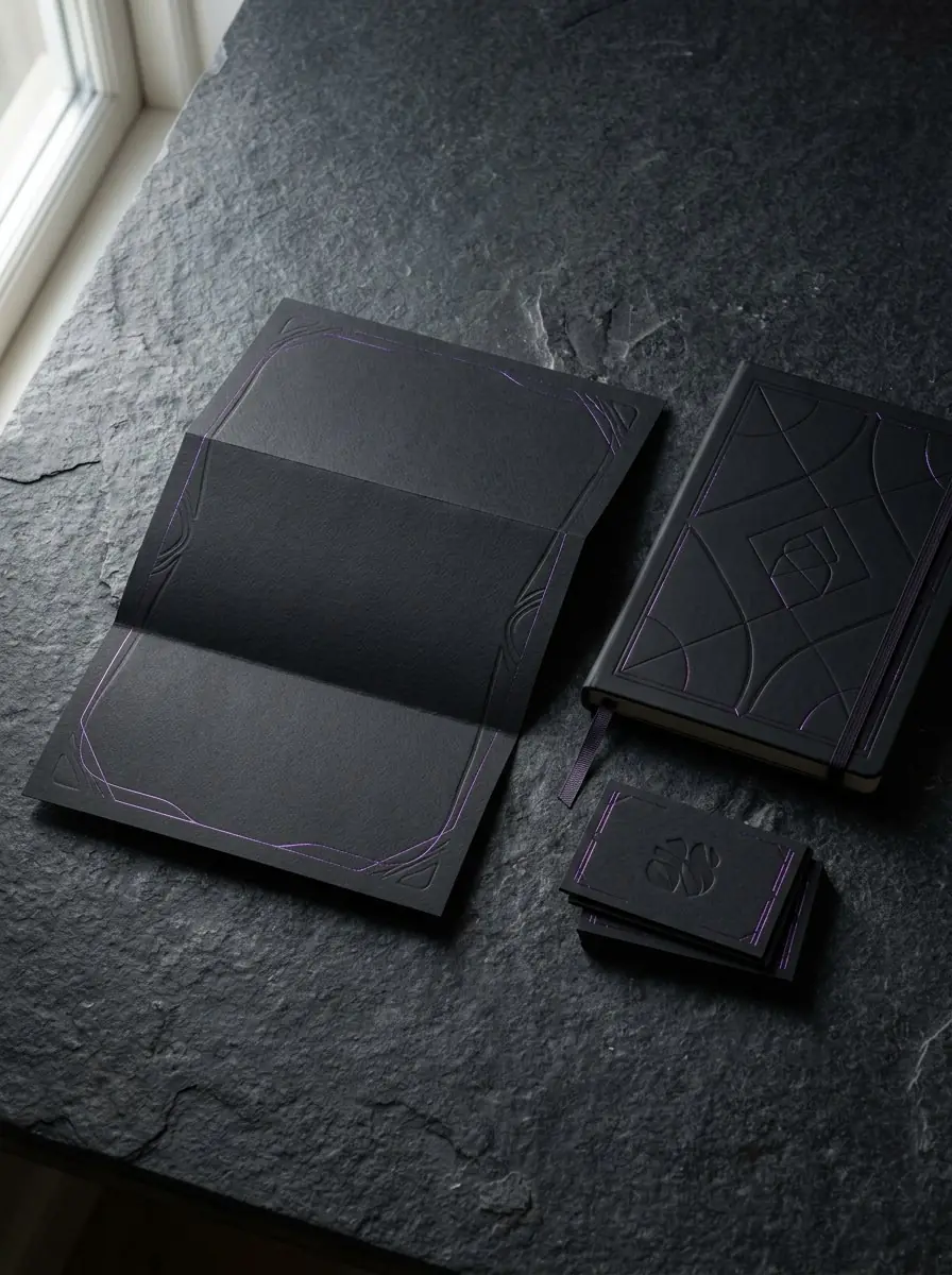 Black stationery set on dark stone