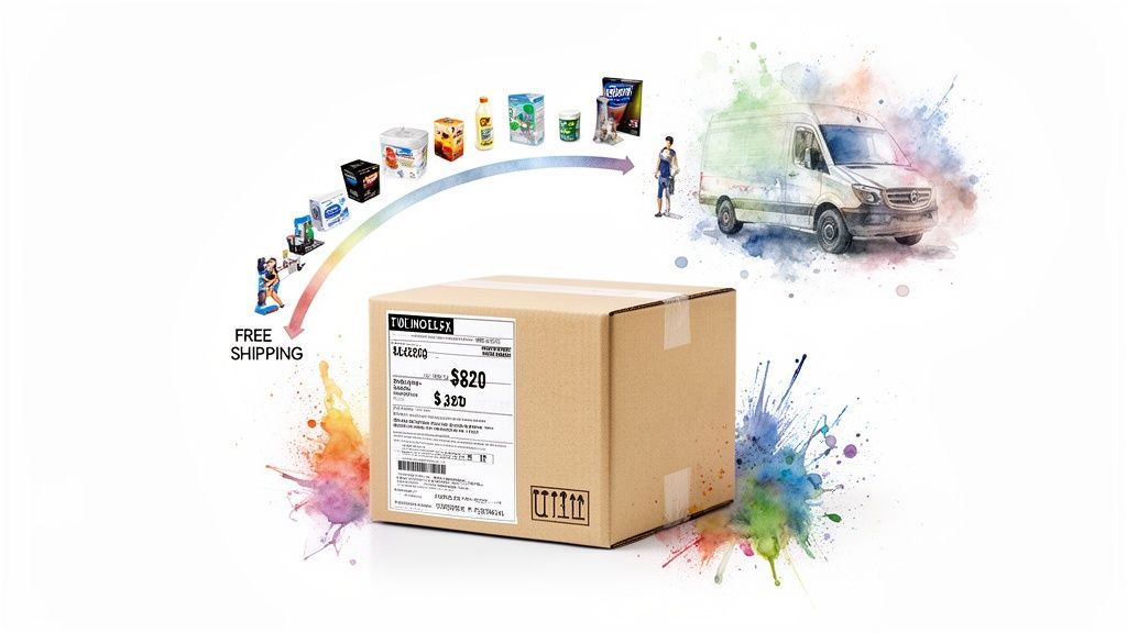 E-commerce products being consolidated into a shipping box for free delivery by van.
