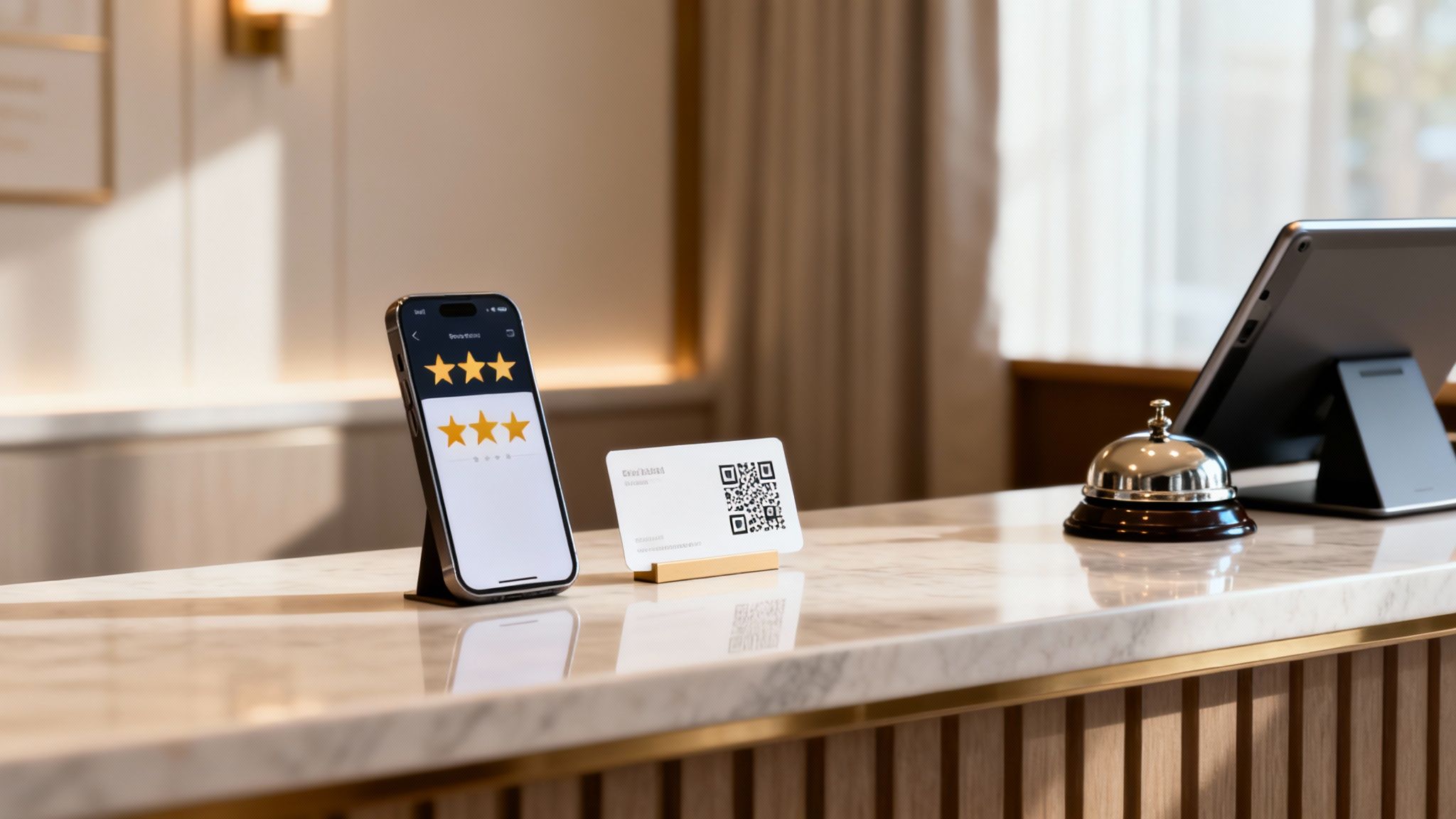 Hotel reception desk with smartphone displaying 3-star rating, QR code stand, and service bell.