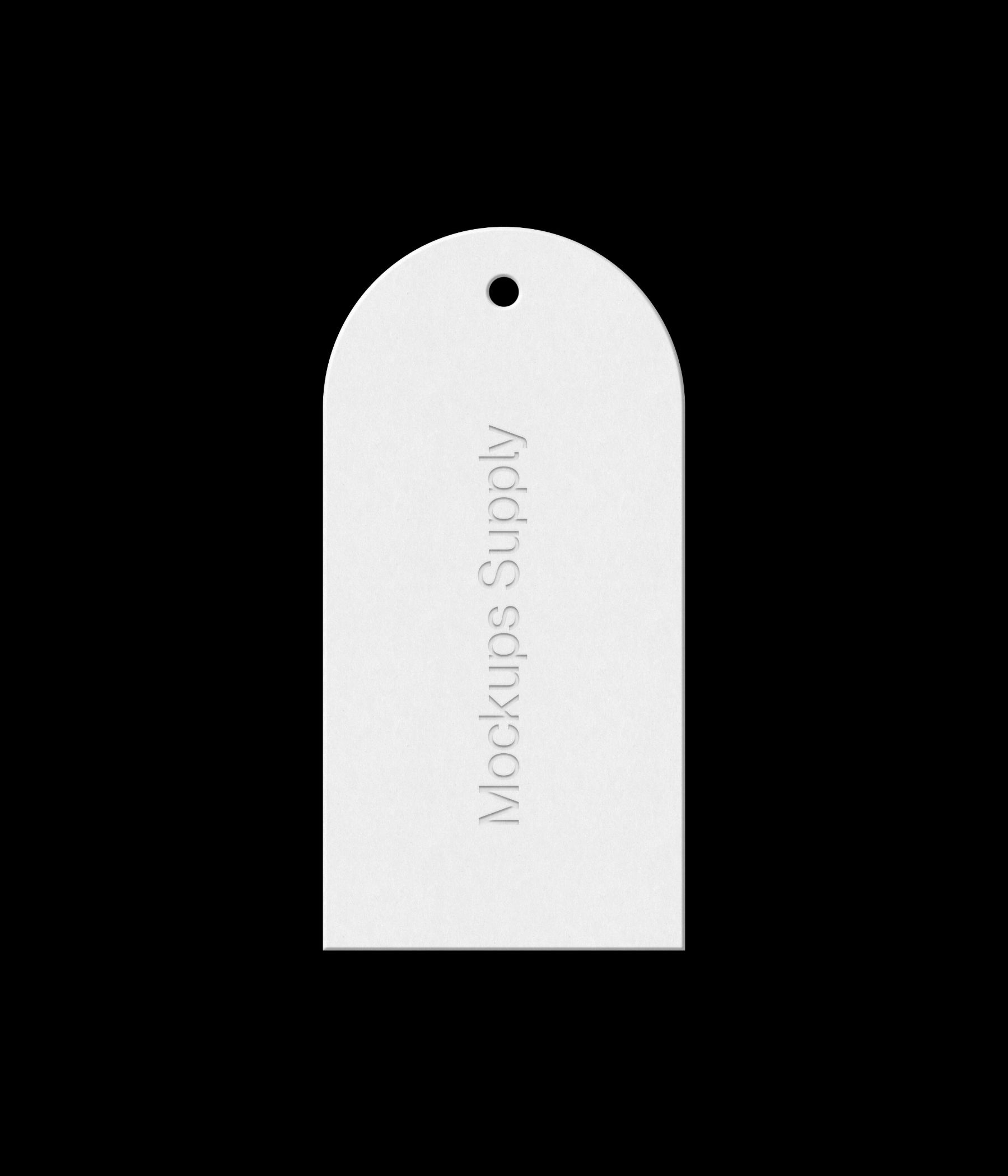 Arch white hang tag 1x2 ratio on black background with debossed text effect and editable colors photoshop PSD mockup download