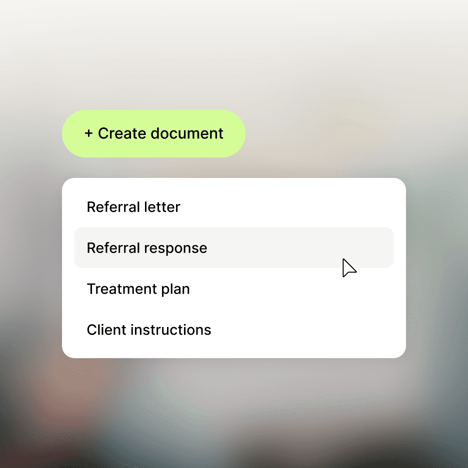 Tandems 'Opret dokument'-menu med muligheder for et henvisningsbrev, risikovurdering, epikrise for terapiforløb og patientbrev