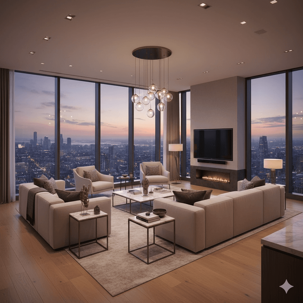 Luxury apartment interior view, Gurugram high-rise living room