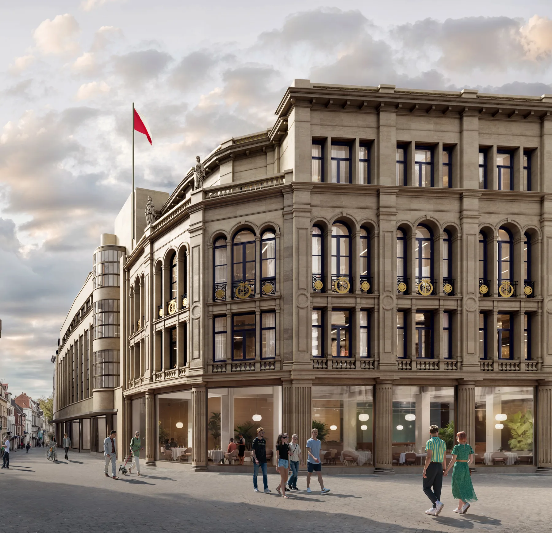 Evening exterior with illuminated interiors and canal reflection — heritage monument CGI