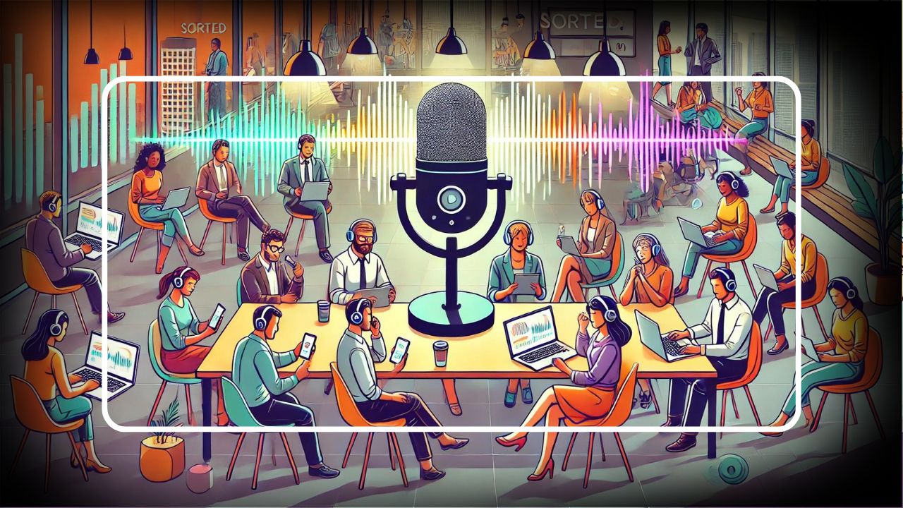 Illustration of people working with laptops and headphones around a giant microphone, symbolizing collaboration and audio communication