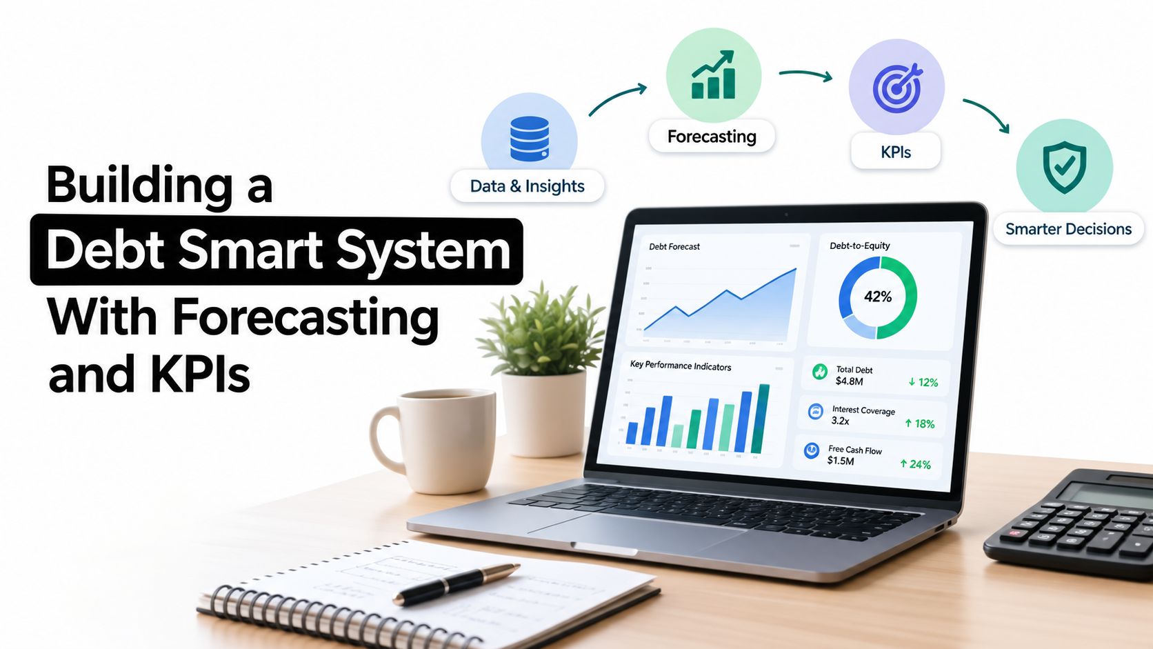 A laptop on a desk showing a dashboard for a debt management system with financial KPIs.