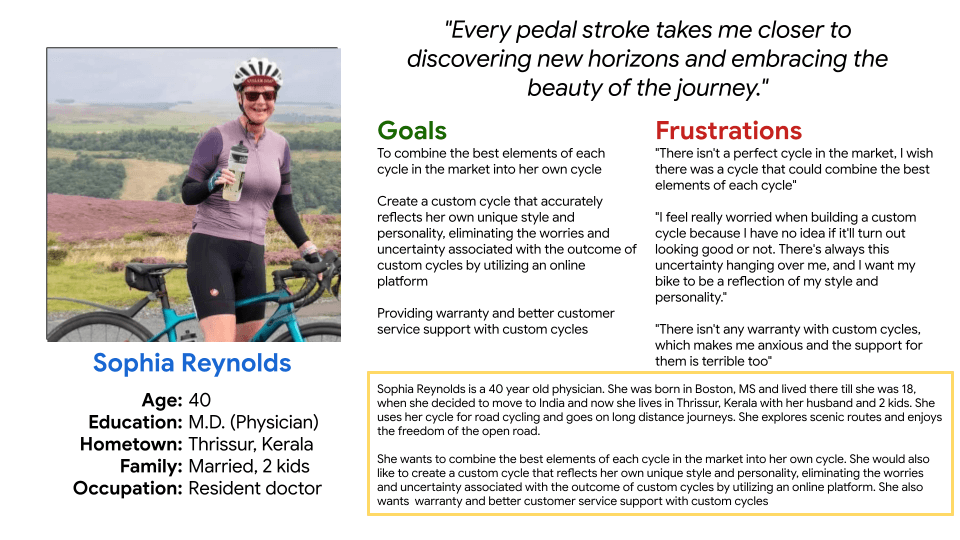 User persona of Sophia for CustomSpokes