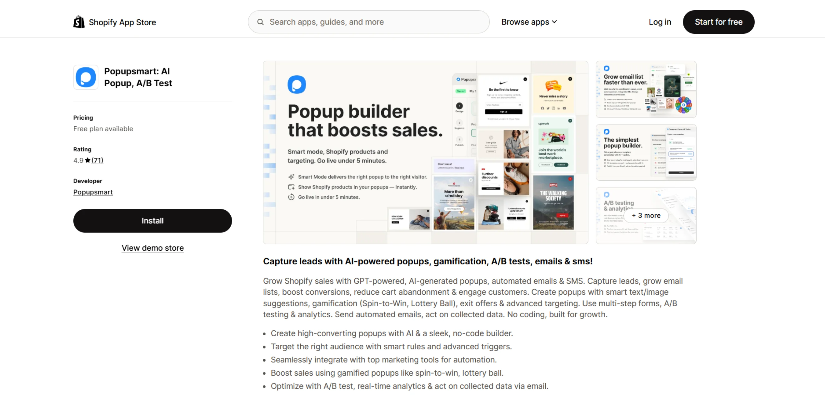 Popupsmart AI popup app listing page on the Shopify App Store.