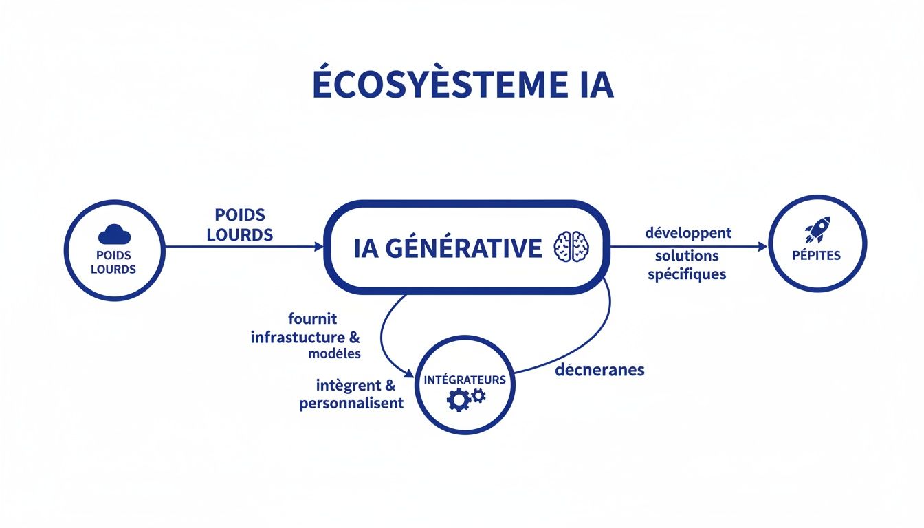 Diagramme détaillé de l'écosystème de l'IA générative, illustrant les acteurs et leurs interactions.