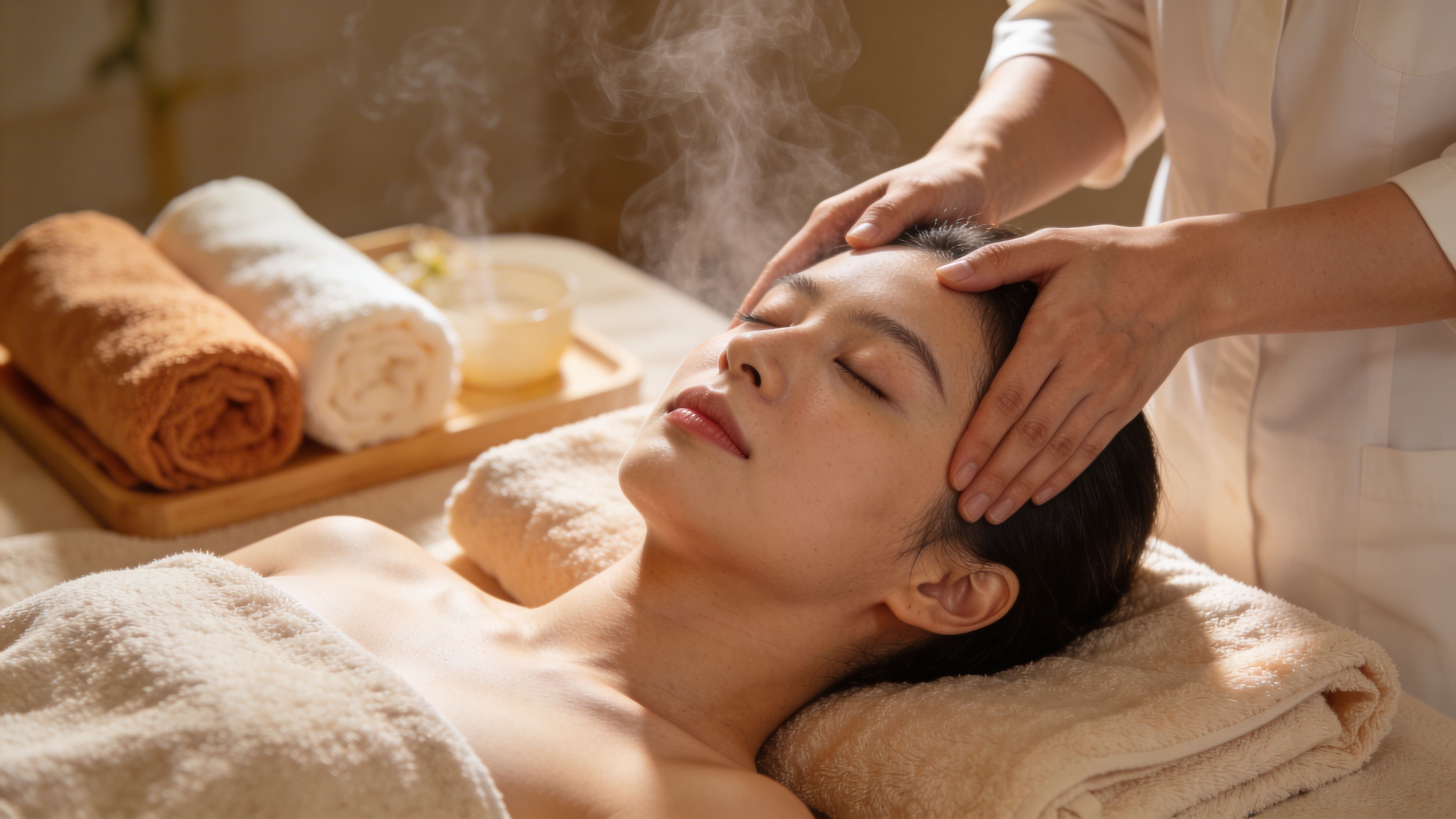 A professional therapist providing a relaxing facial massage to a woman in a spa treatment room.