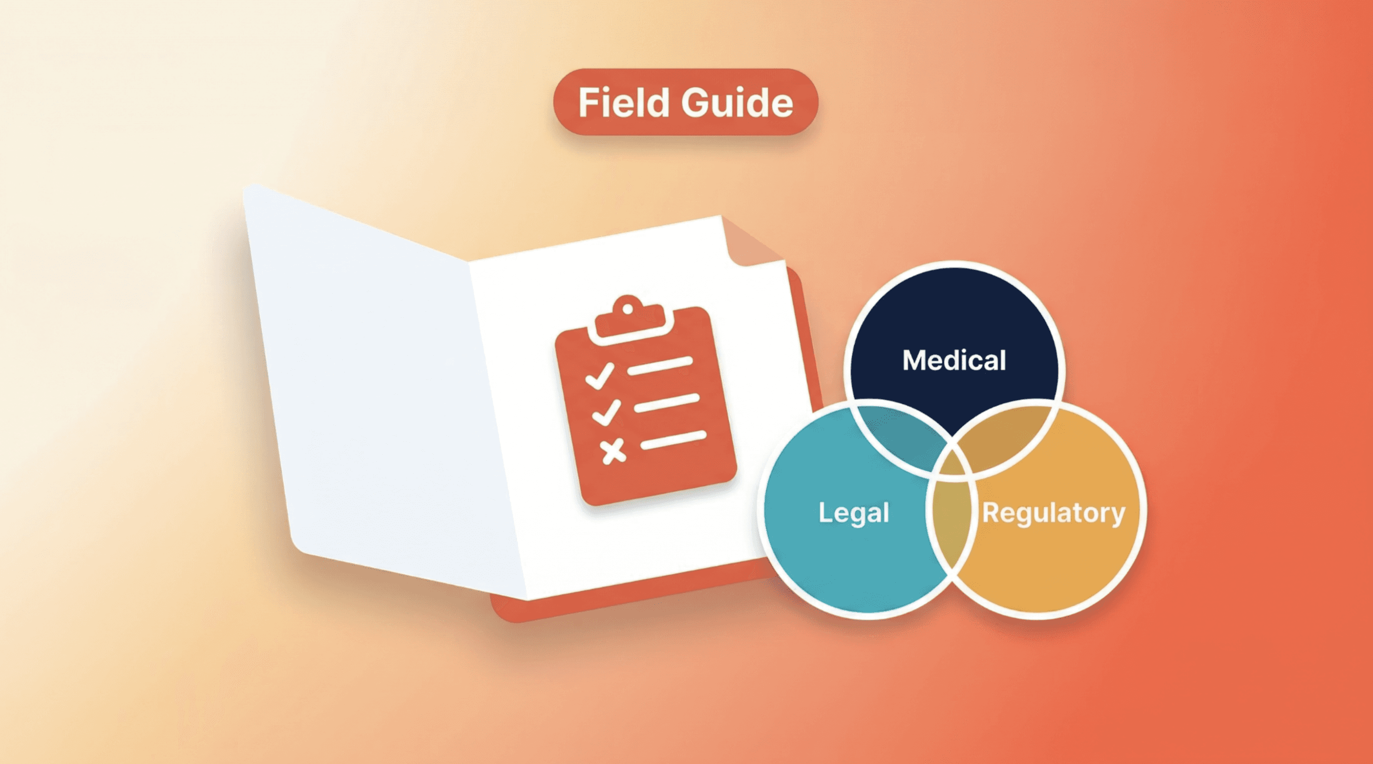 Illustration of an MLR review checklist showing Regulatory, Claims, Fair Balance, Editorial, and Market/Channel items, flanked by a clock and a magnifying glass with an eye.
