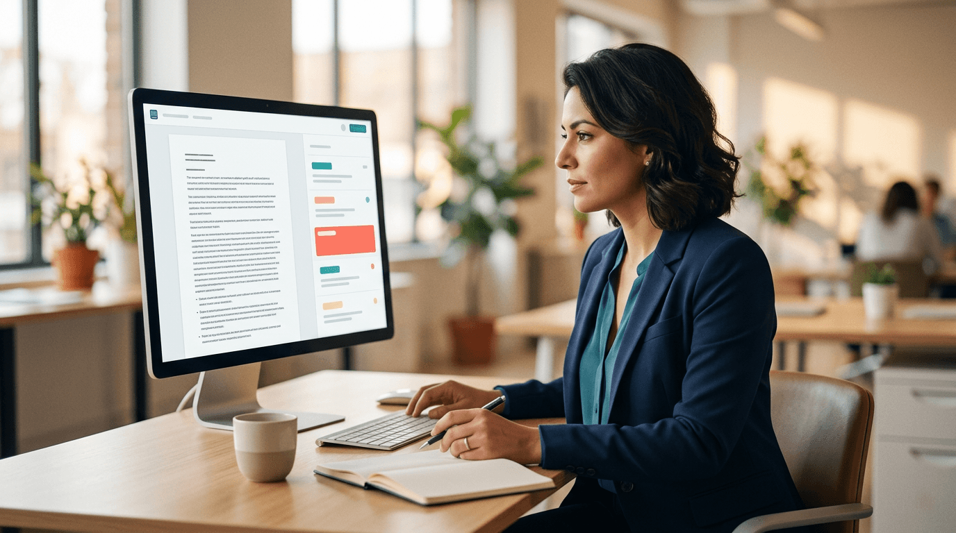 Pharmaceutical compliance reviewer evaluating flagged content in an MLR review software interface on a desktop monitor