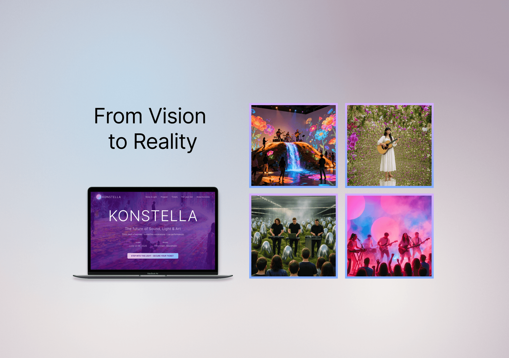 A laptop with the Konstella website alongside four AI-generated images visualising the festival experience, including light installations, live performances, and outdoor scenes