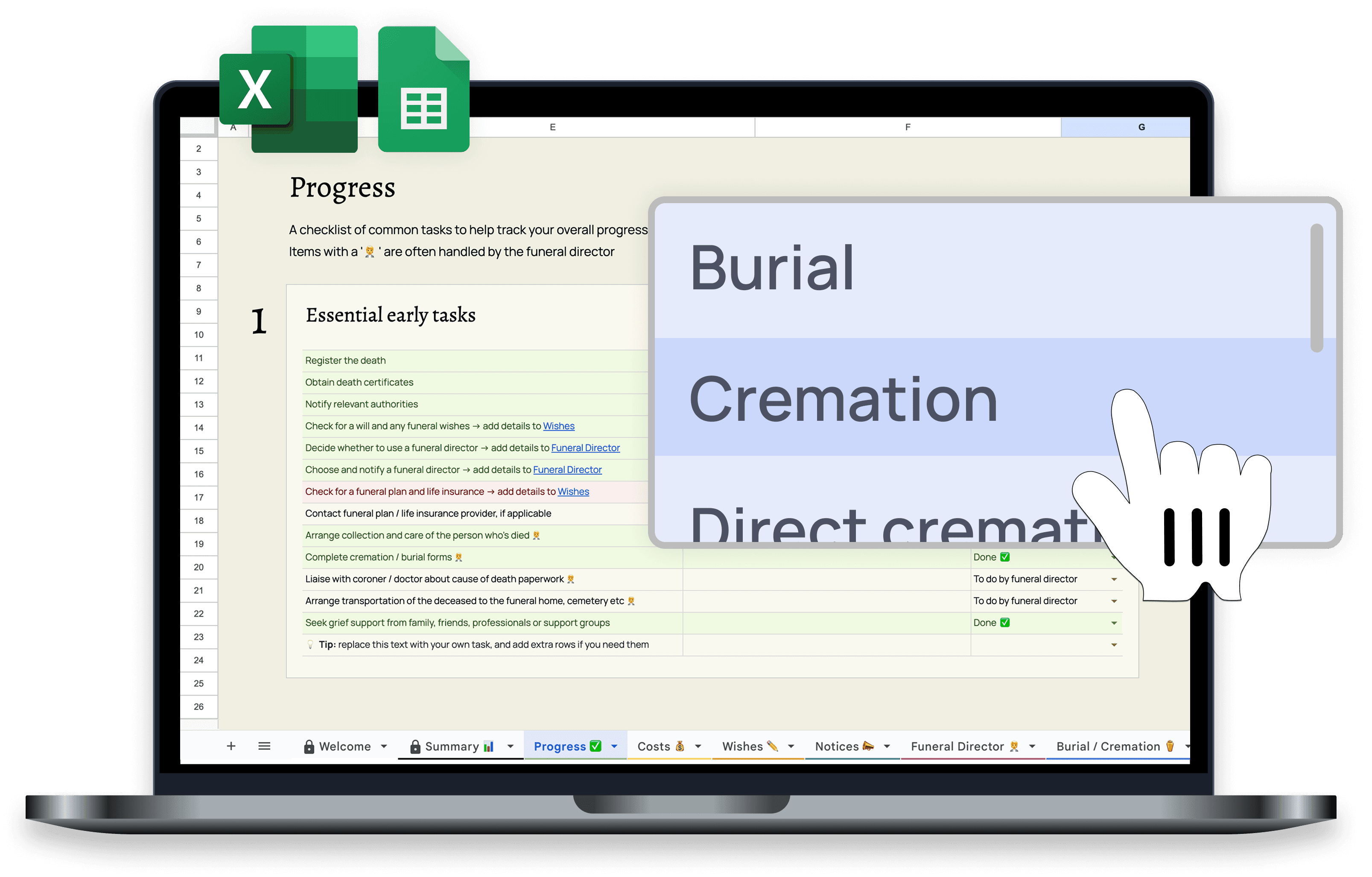 Computer with funeral spreadsheet - easy to use funeral planner