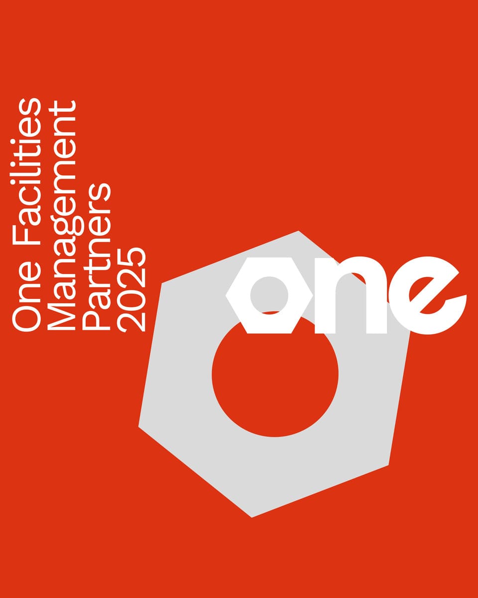 Layout design for the brand ONE against a red background.