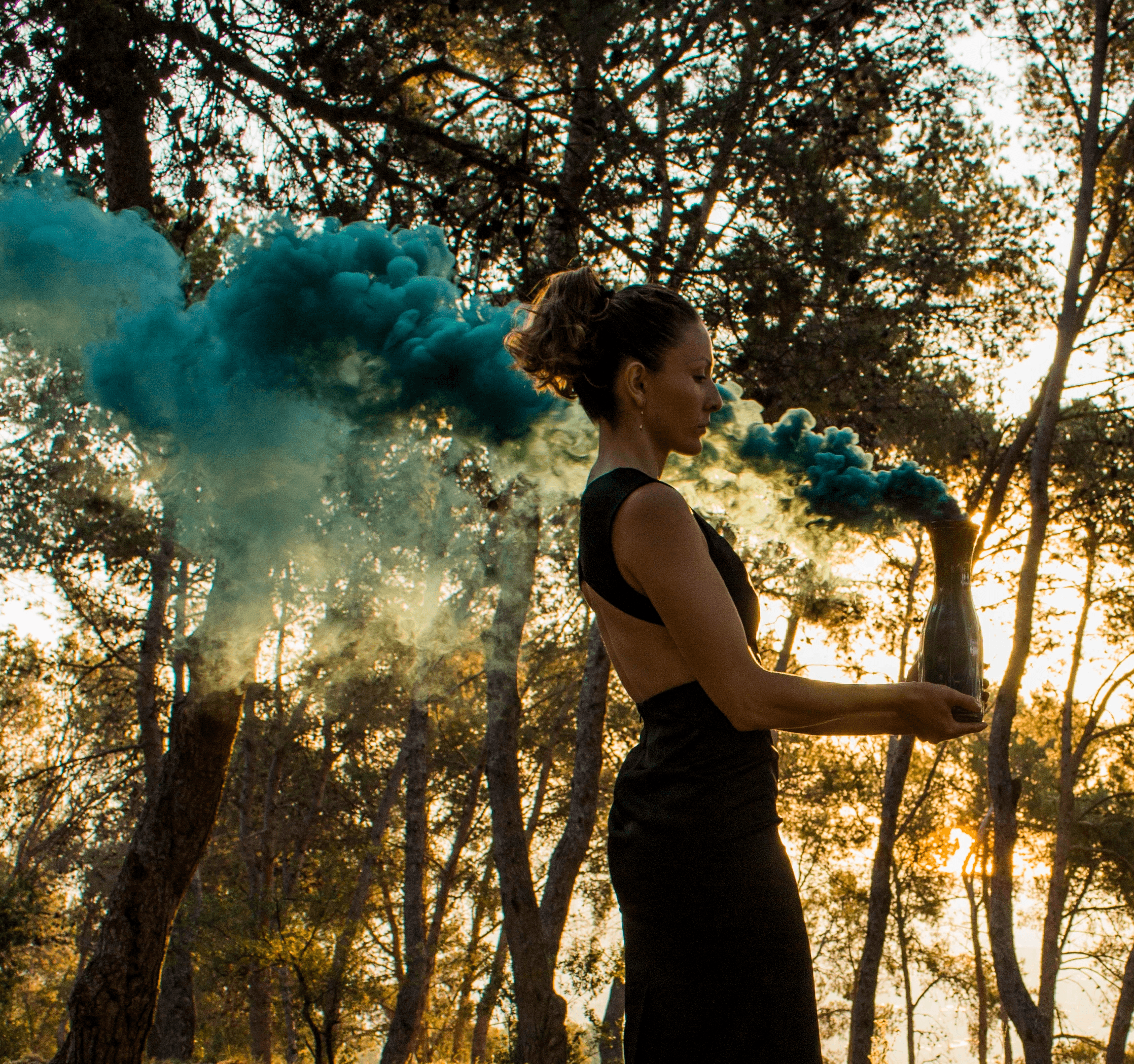 Portrait with bucket hat and neon light.
