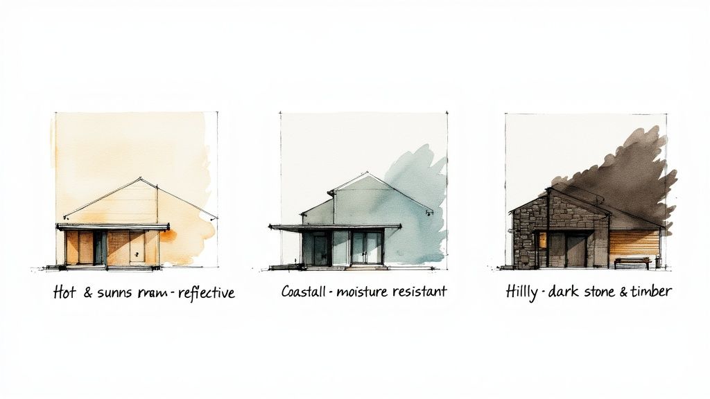 Three watercolor architectural sketches illustrating house designs adapted for hot, coastal, and hilly environments with different material choices.