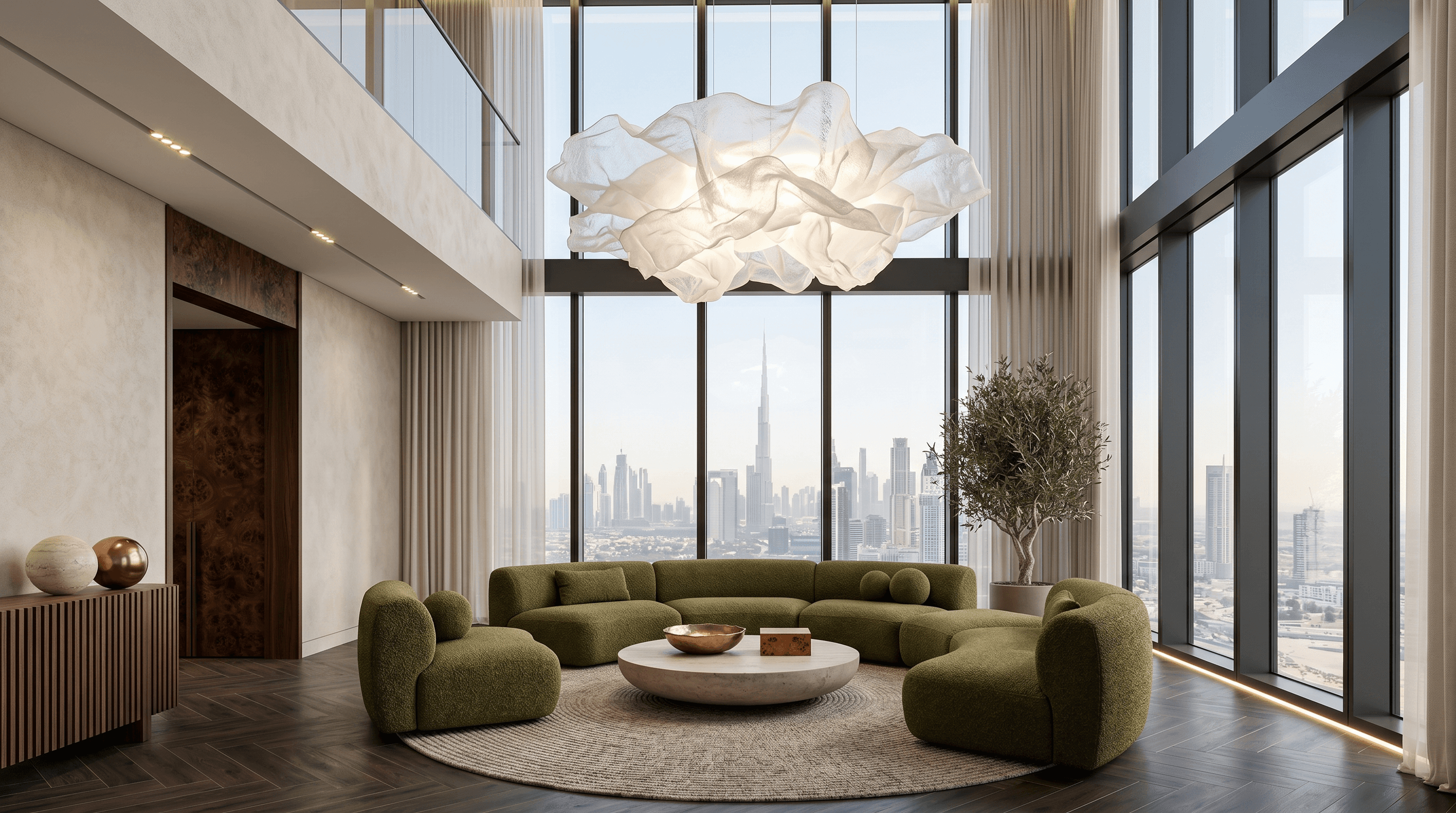 Curved white staircase with dramatic natural light in a modernist interior