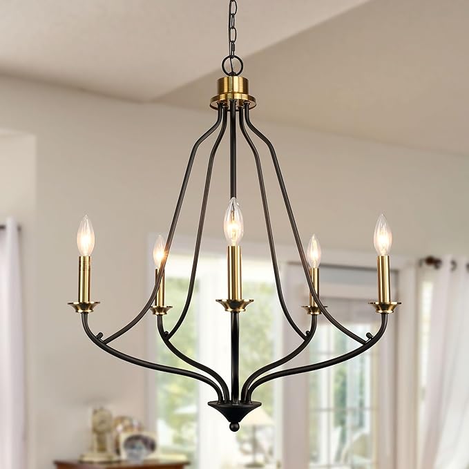 Brass and black chandelier adds a stylish touch to home decor.