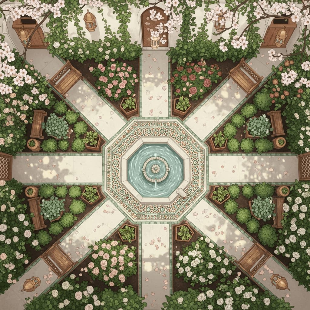 Top-down view of a classic Islamic geometric garden with a central fountain and paths surrounded by roses.