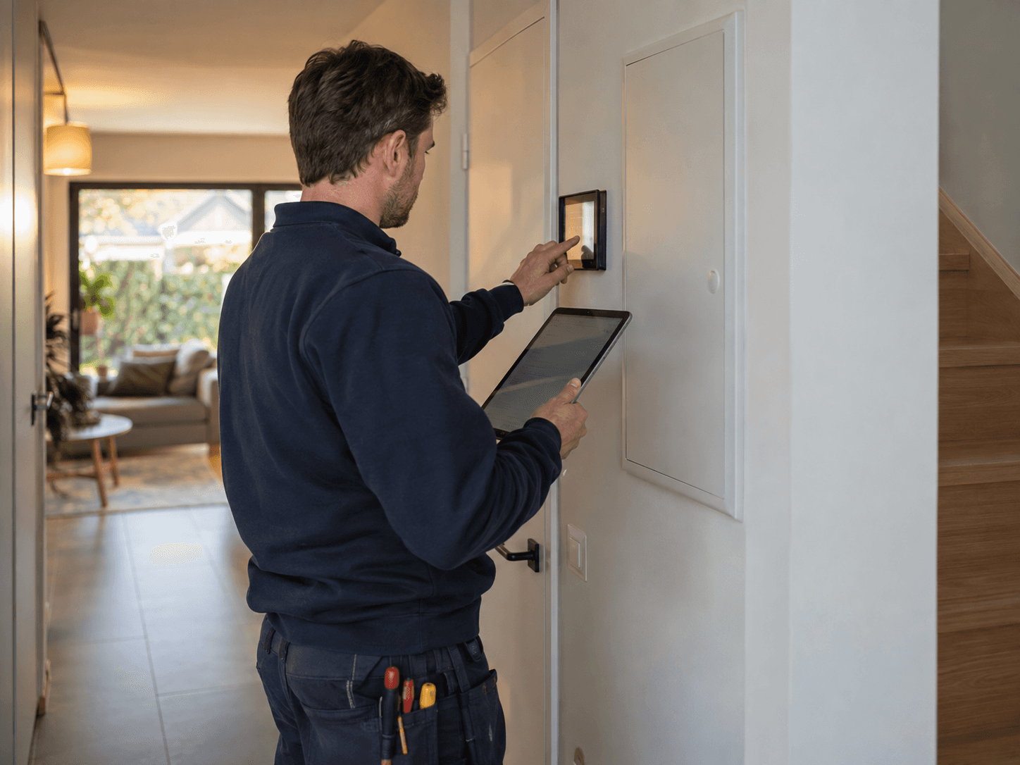 An electrician carefully installs an electrical outlet.