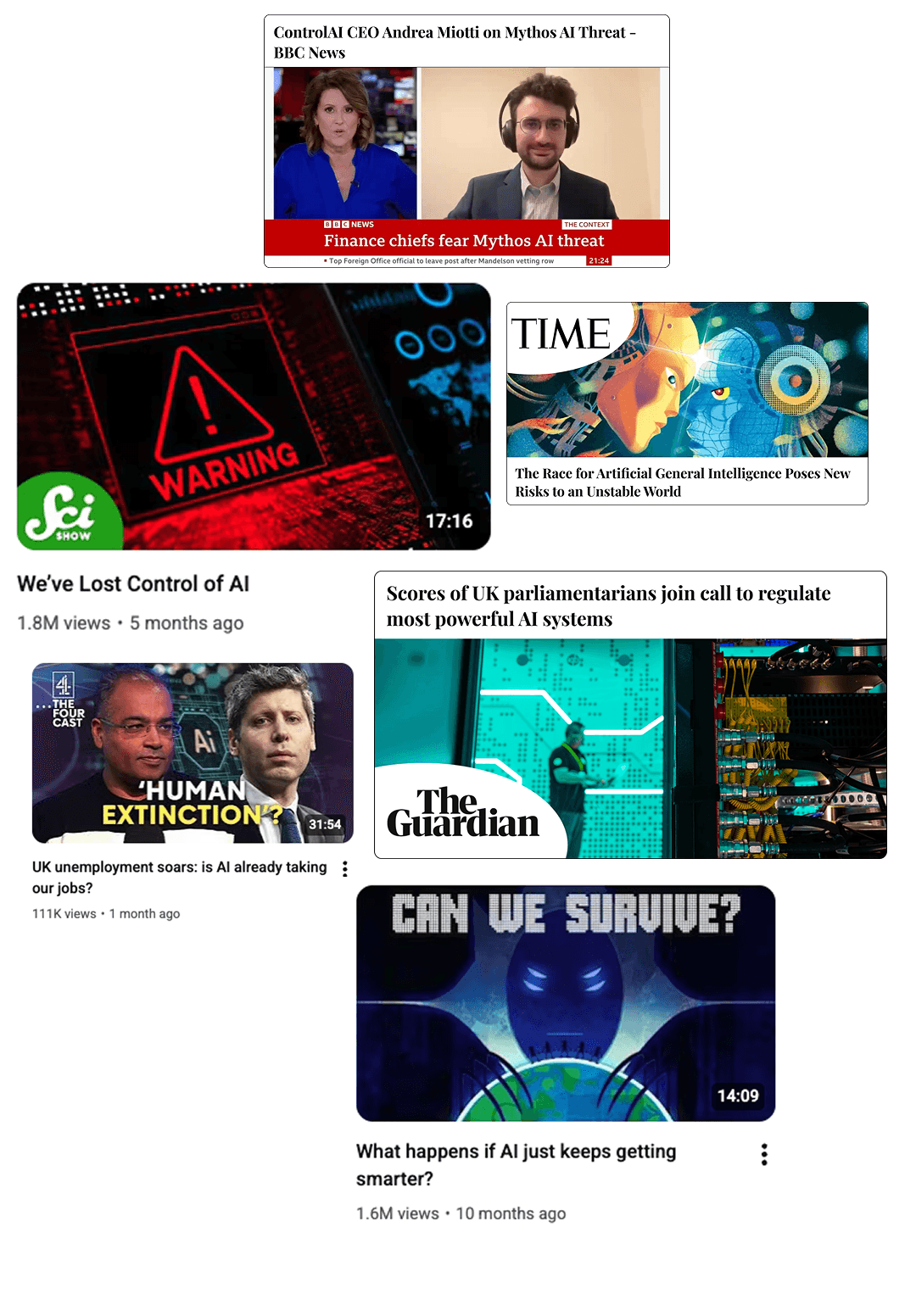 collection of thumbnails from controlAI's media appearnces