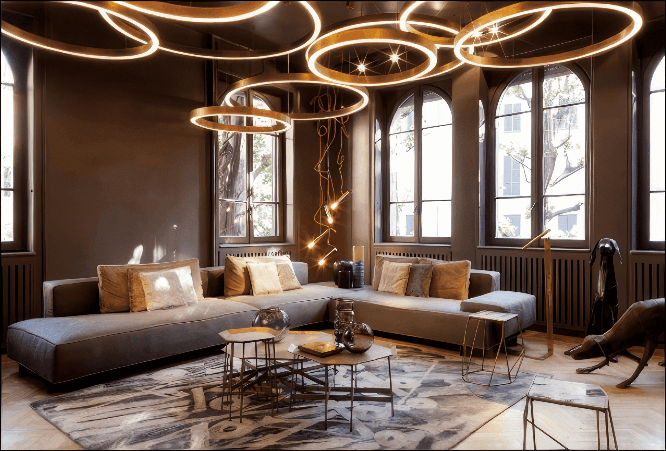 MW Interior - Wohnzimmer mit hängenden Goldring-Leuchten, L-förmigem Sofa und figurativer Neonskulptur" Mehrere übergroße, leuchtende Kreisleuchten in Gold hängen in gestaffelter Anordnung von der Decke eines hohen Raums mit Rundbogenfenstern. Darunter: ein breites L-Sofa in Graubraun mit goldenen Kissen und mehreren kleinen Beistelltischen aus bronziertem Metall. Eine rote figurative Lichtskulptur hängt zwischen den Fenstern, rechts daneben steht eine Tierskulptur aus dunklem Material.