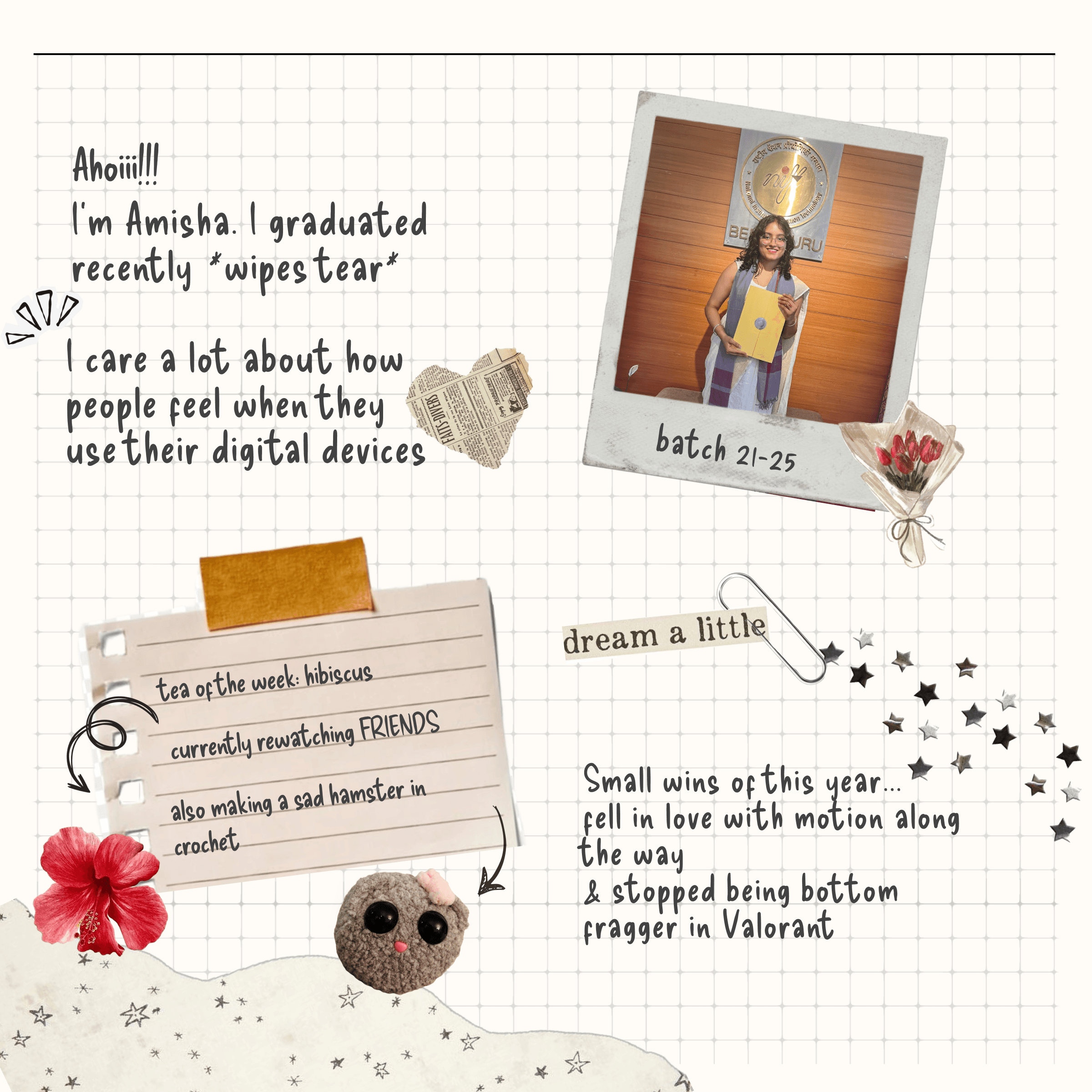 A creative collage featuring a handwritten note about graduating, a photo of a graduate holding a certificate, decorative elements like paper hearts and flowers, and notes on digital devices and hobbies like crochet and gaming.