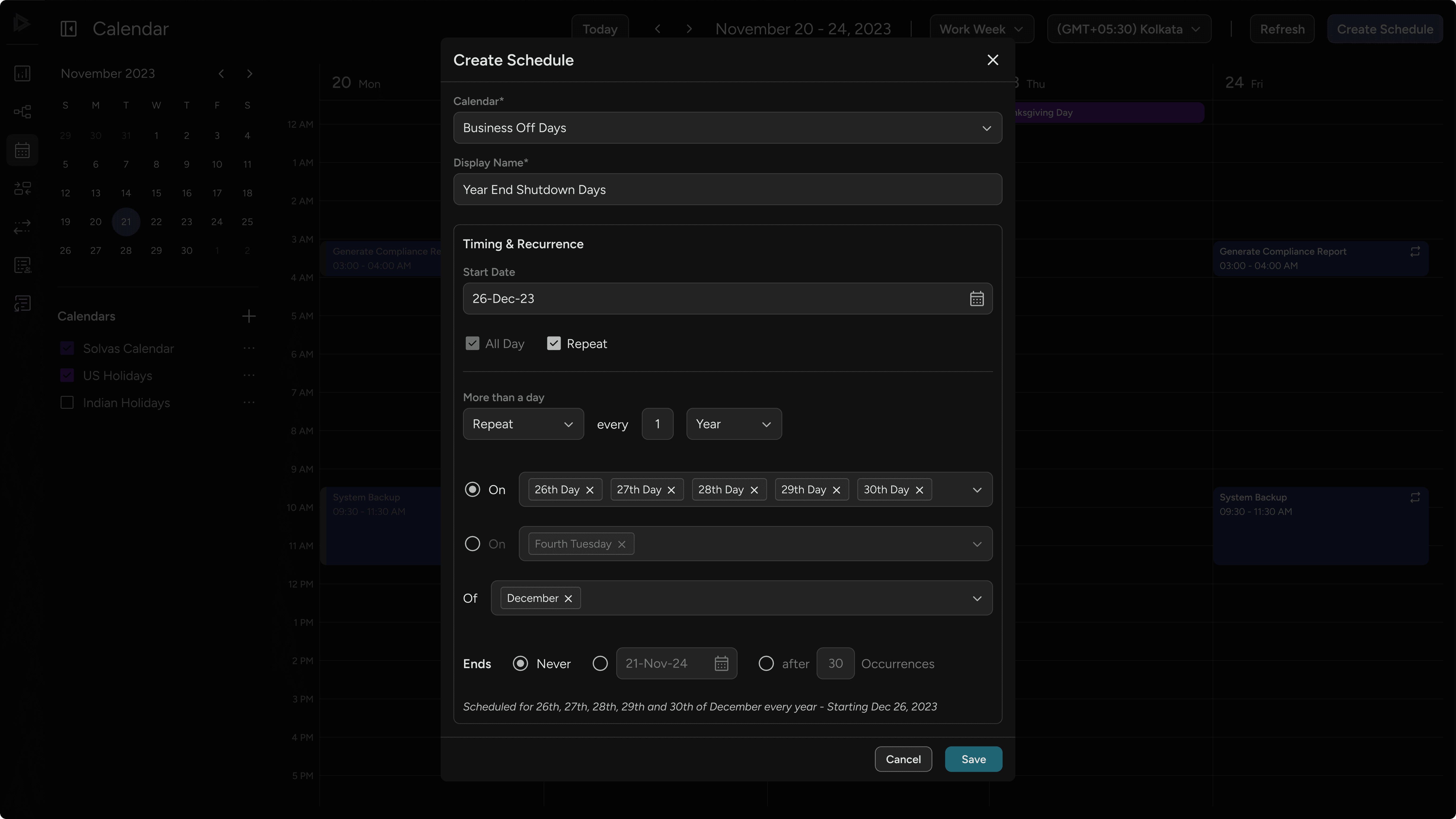 Form to create a user calendar event for marking business off days with recurrence settings