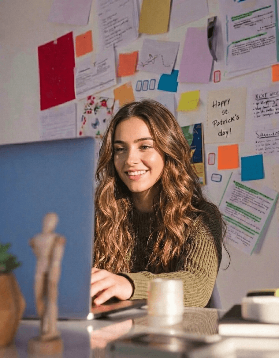 Young woman typing on her laptop and smiling at the camera in a workspace
