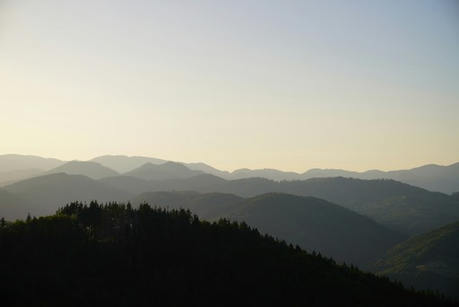 a view of a mountain range with trees in the foreground