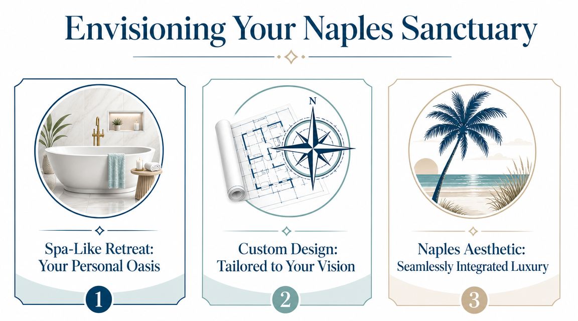 A graphic titled Envisioning Your Naples Sanctuary highlighting spa bathrooms, custom architectural designs, and coastal luxury aesthetics.