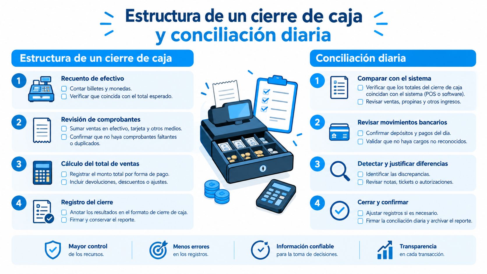 Infografía sobre la estructura del cierre de caja y el proceso de conciliación diaria en un negocio.