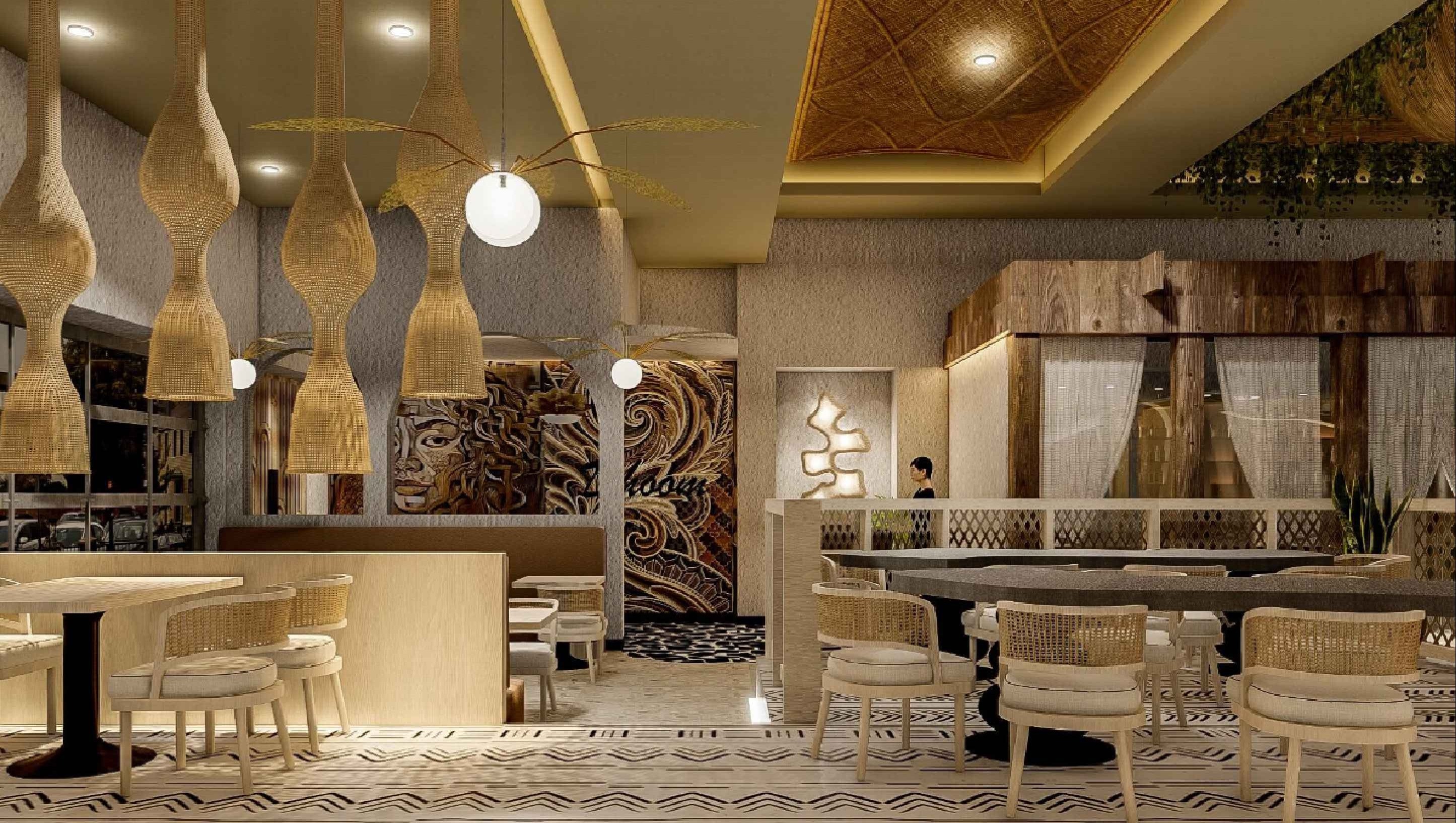 Interior view of PASTA 9 Toronto, featuring elegant lighting, earthy tones, and modern Italian-inspired decor that reflects handcrafted fine dining.