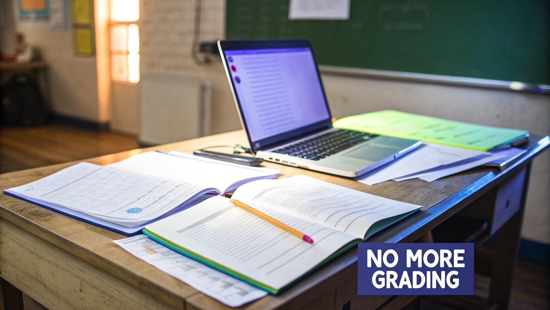 A teacher sitting at a desk grading papers, looking tired but focused.
